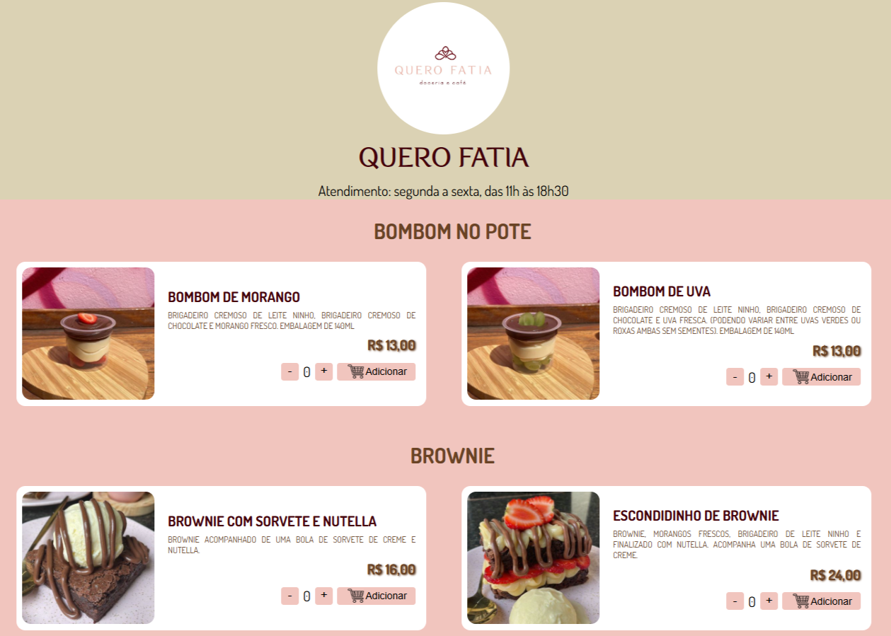 Print de uma tela mostrando um site de vendas de bolos.
